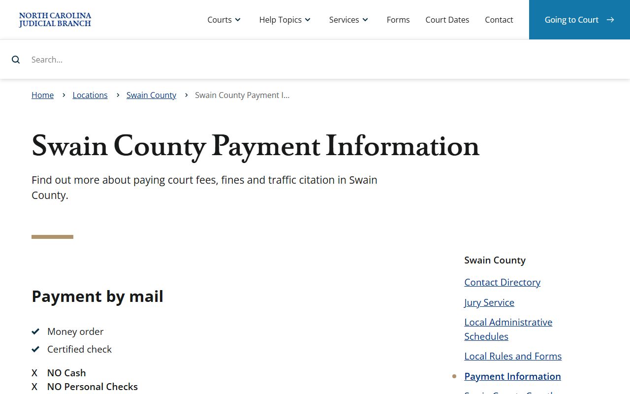 Swain County Clerk of Superior Court payment information